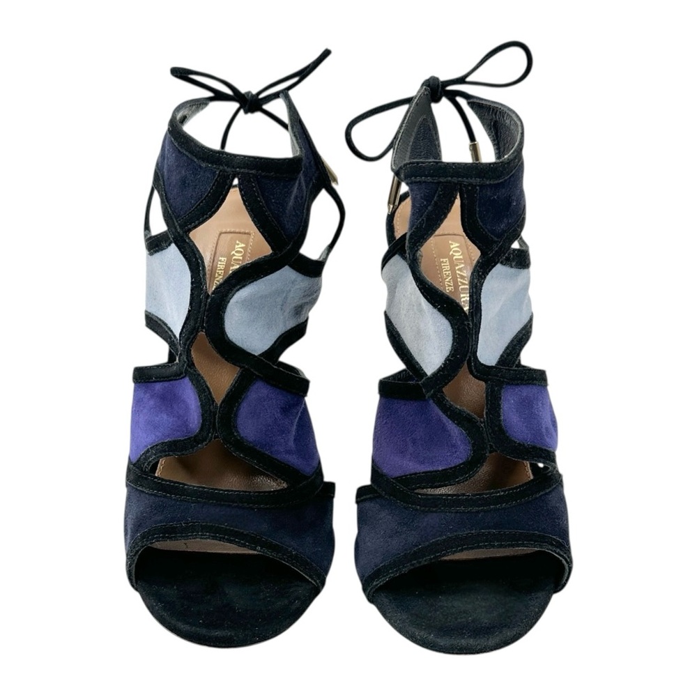 Aquazzura Vika Blue Black Purple Suede Leather 4" Stiletto Heel Heeled Sandals - Picture 3 of 9